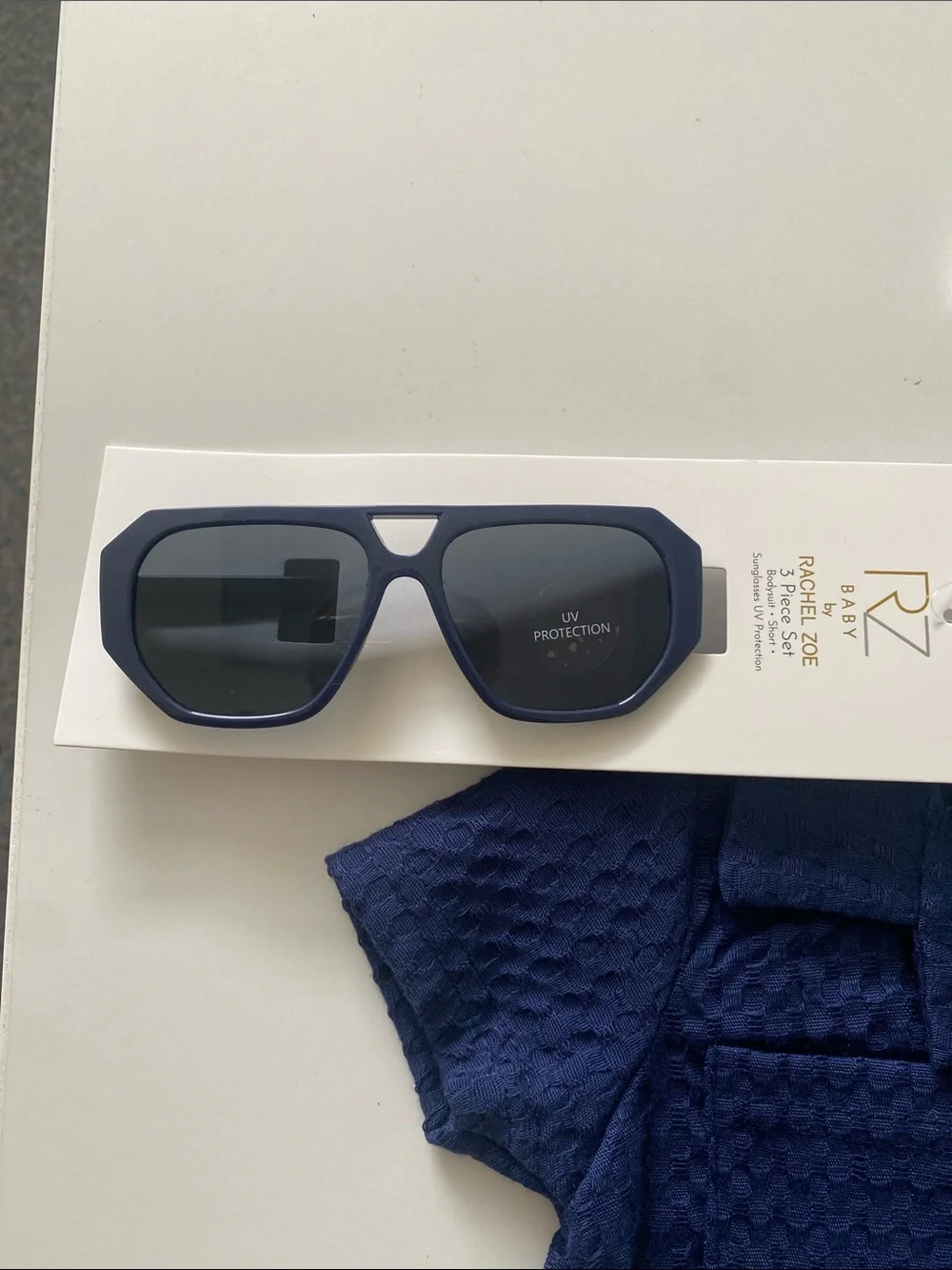 Rachel Zoe Navy Textured Baby Romper & Shorts Set with Sunglasses